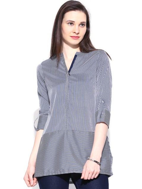 

W Women Navy & White Striped Tunic, Navy blue