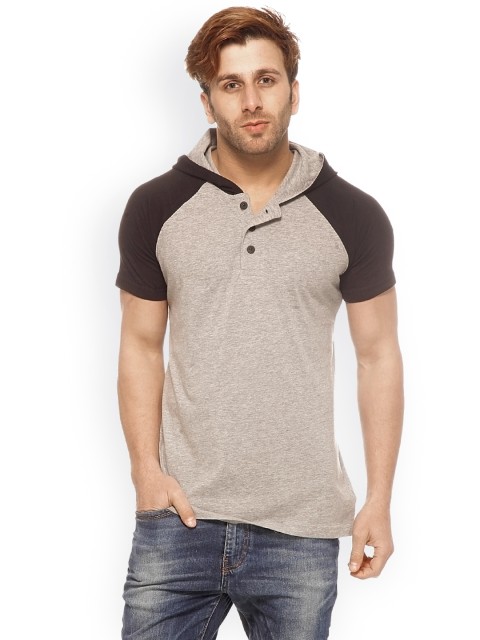 

GRITSTONES Men Grey Melange Hooded T-shirt