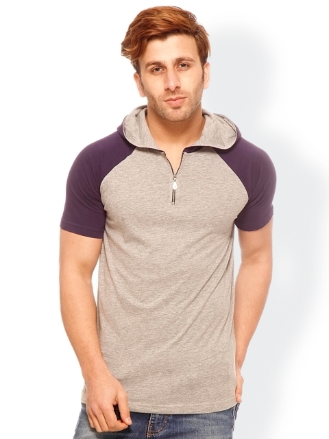 

GRITSTONES Men Grey Melange & Purple Hooded T-shirt