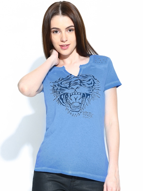 

Ed Hardy Women Blue Printed T-shirt