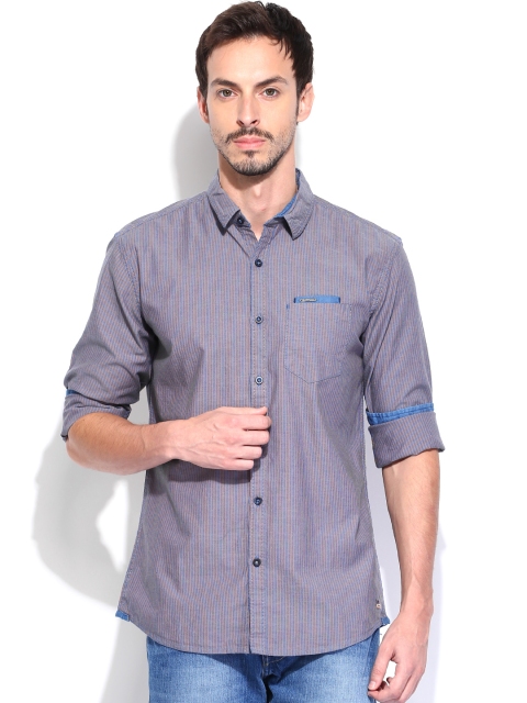 

Wrangler Men Blue & Khaki Striped Slim Indigo Shirt