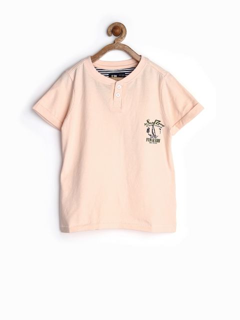 

Flying Machine Boys Peach-Coloured Printed Henley Pure Cotton T-shirt