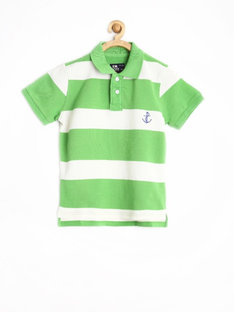 

Flying Machine Boys Green Off-White Striped Polo Pure Cotton T-shirt