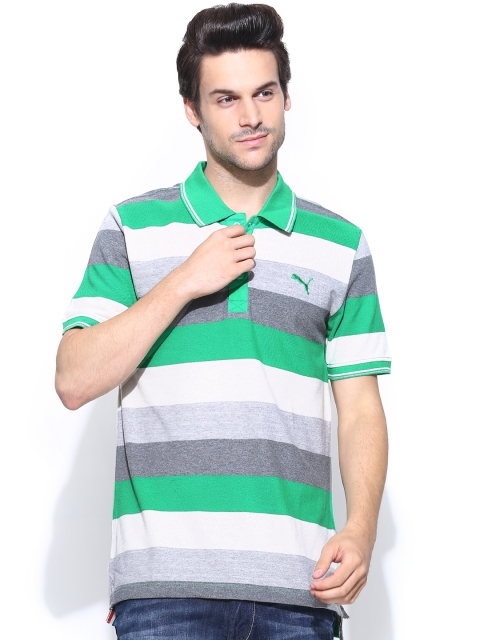 

PUMA Men Green & Grey Striped Pique Polo T-shirt