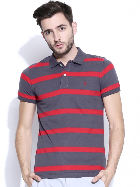 

United Colors of Benetton Men Purple & Coral Red Striped Polo T-shirt