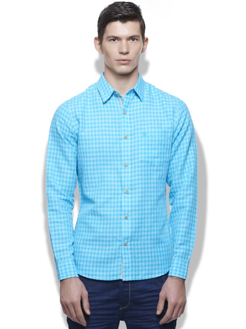 

United Colors of Benetton Men Blue Gingham Checked Linen Casual Shirt