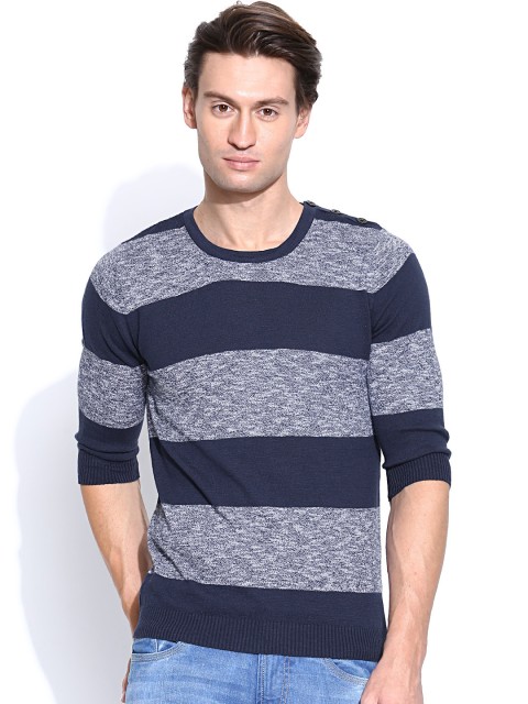 

United Colors of Benetton Men Navy Striped Sweater, Navy blue