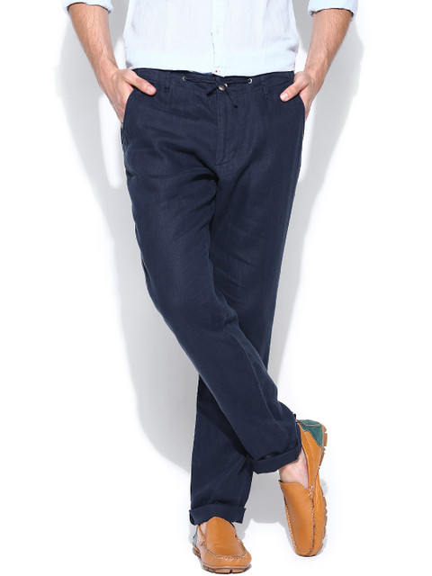 

Jack & Jones Men Navy Linen Casual Trousers, Navy blue