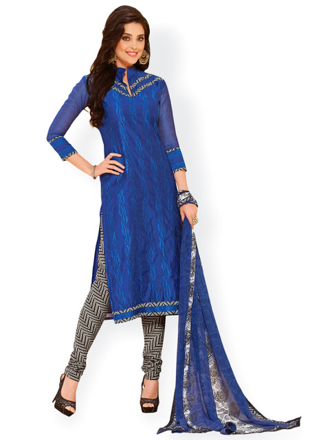 

Touch Trends Turquoise Blue and White Chanderi Silk Unstitched Dress Material