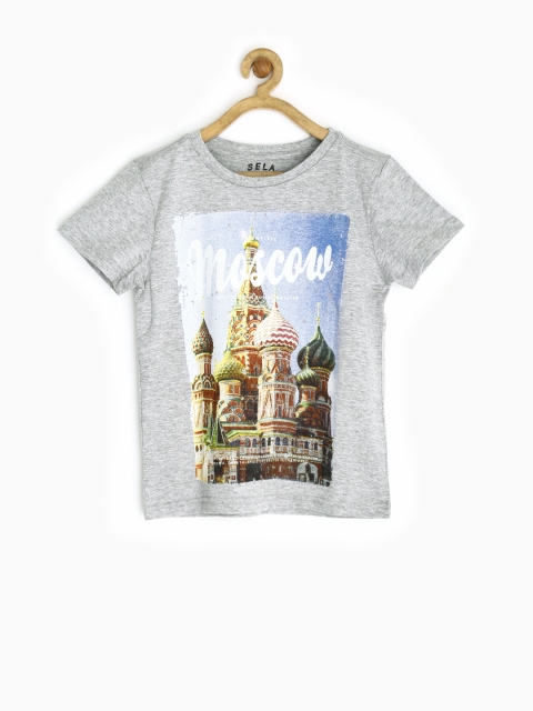 

SELA Boys Grey Melange Printed T-shirt