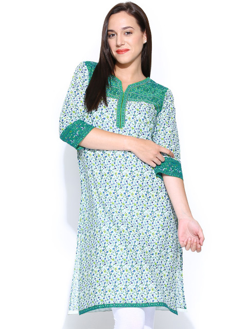 

Aurelia Women White & Green Printed Kurta