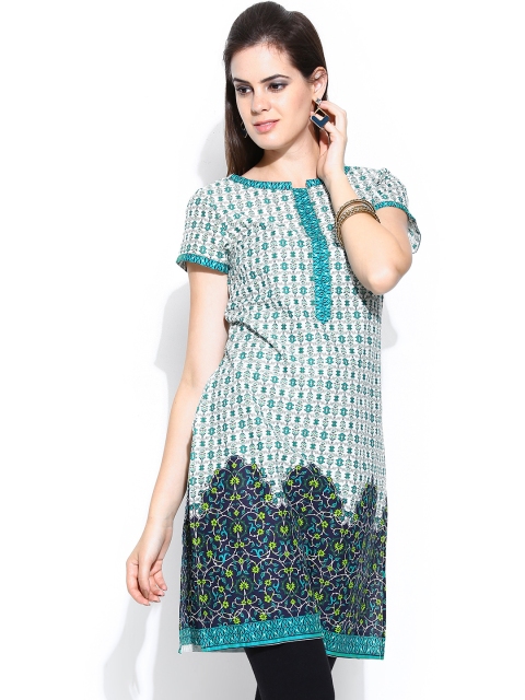 

Aurelia Women Off-White & Green Printed Kurta