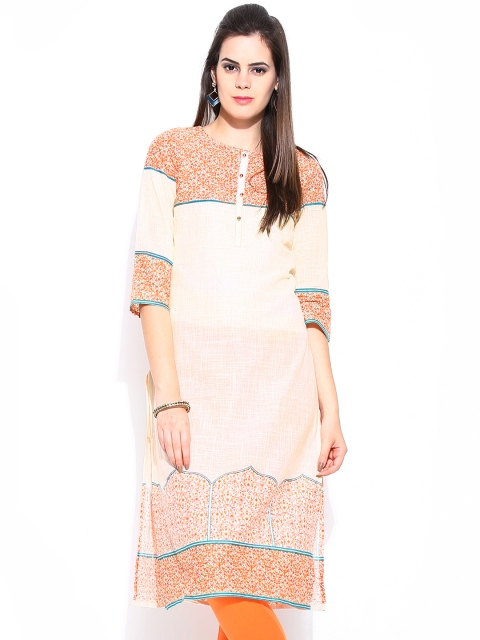 

Aurelia Women Cream-Coloured & Orange Printed Kurta