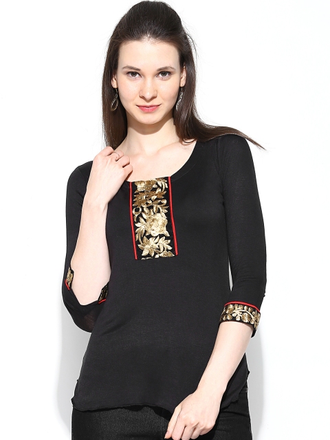 

Ira Soleil Black Top with Embroidered Detail