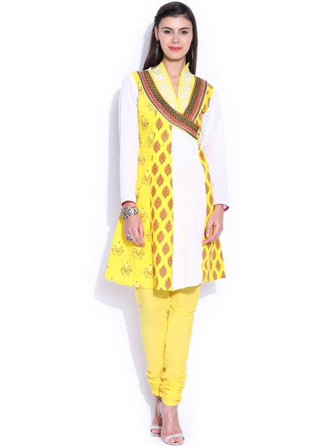 

IMARA Yellow & White Printed Churidar Kurta