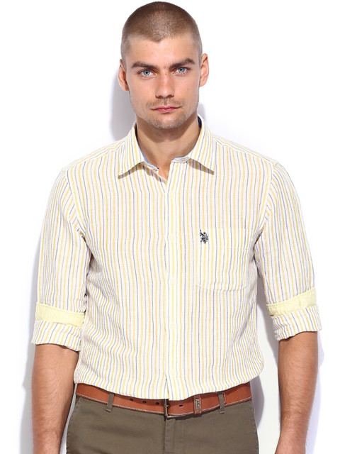 

U.S. Polo Assn. White & Yellow Striped Linen Tailored Fit Smart Casual Shirt
