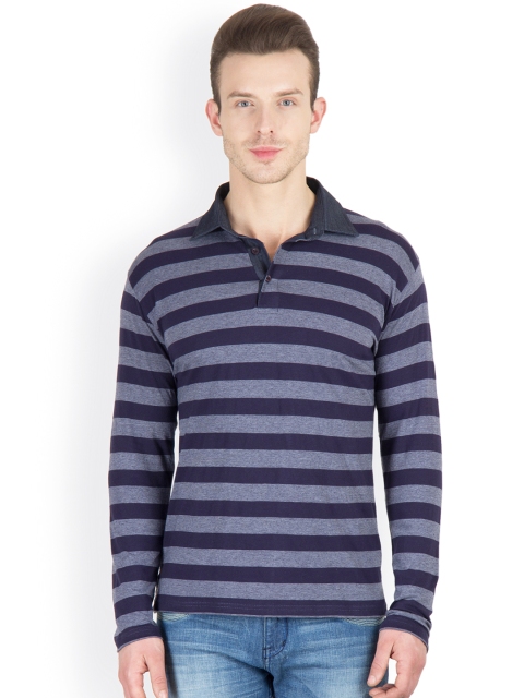 

Hypernation Men Dark Blue & Grey Striped Polo T-shirt