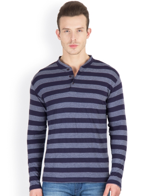 

Hypernation Men Dark Blue & Grey Striped Henley T-shirt