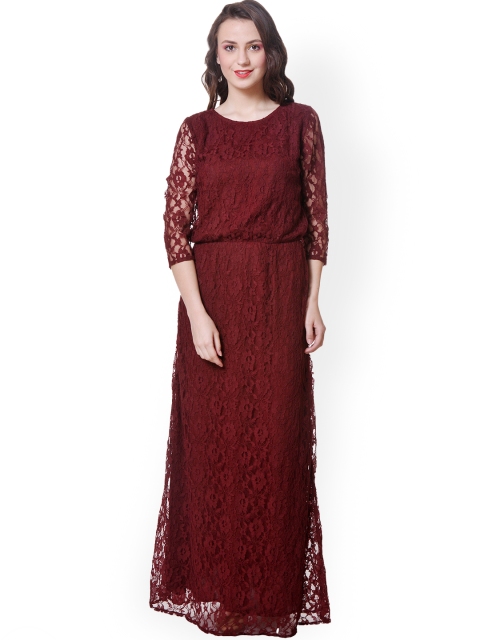 

PURYS Maroon Lace Maxi Dress
