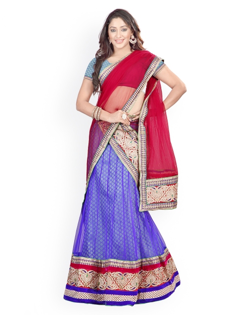 

Florence Blue & Red Net & Brasso Semi-Stitched Lehenga Choli Material with Dupatta