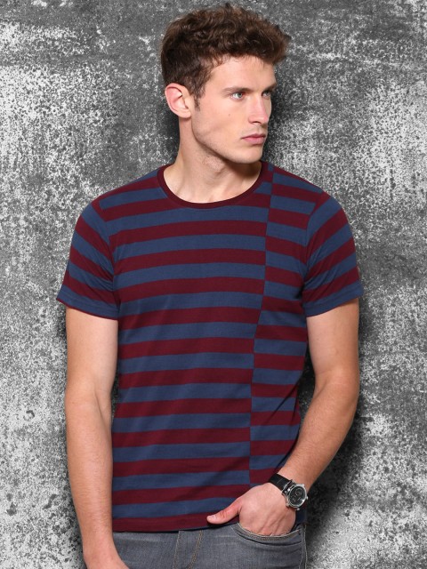 

WROGN Burgundy & Blue Striped T-shirt