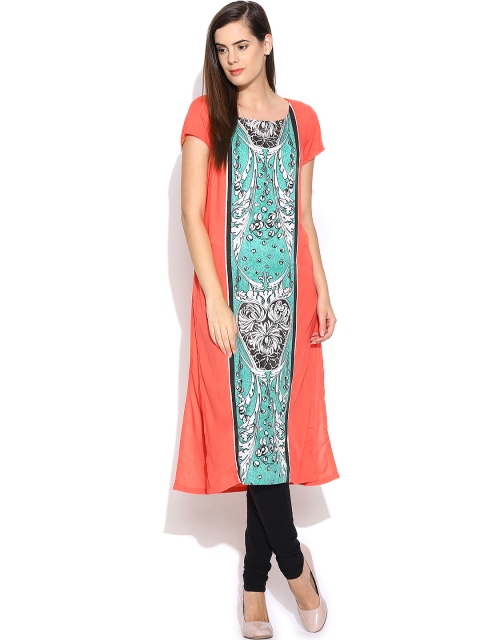 

W Women Coral Orange Printed Kurta