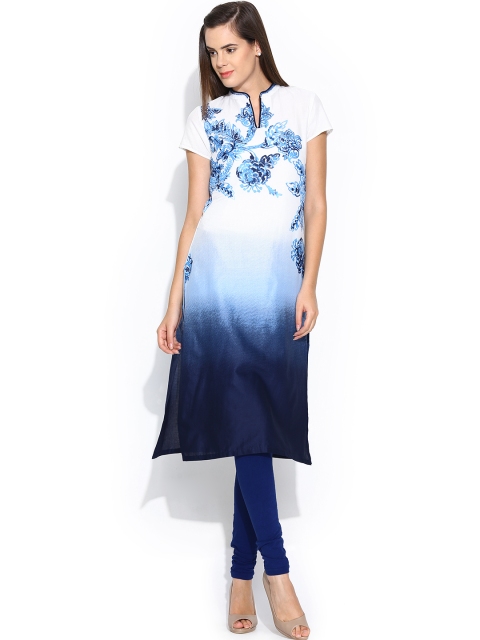 

W Women White & Blue Printed Kurta