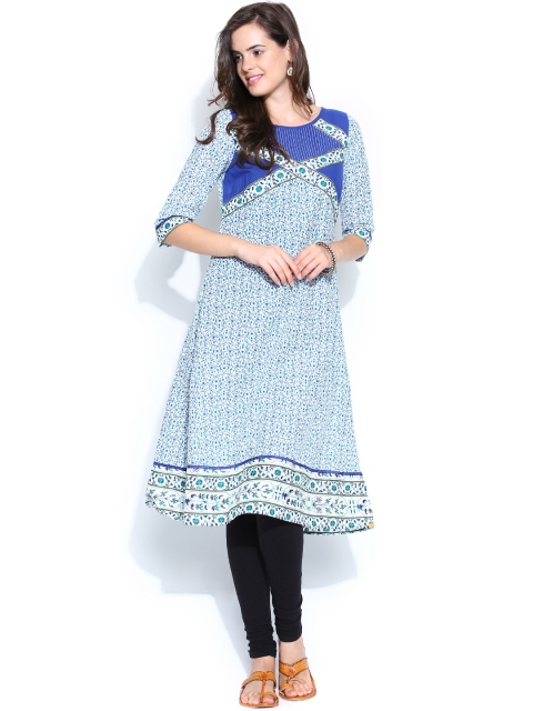 

Aurelia Women White & Blue Printed A-Line Kurta