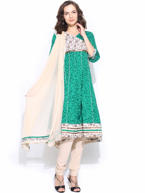 

Aurelia Women Green & Beige Printed Angrakha Anarkali Churidar Kurta with Dupatta