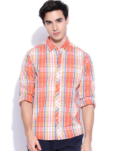 

People Men Coral Pink & White Checked Slim Fit Casual Shirt
