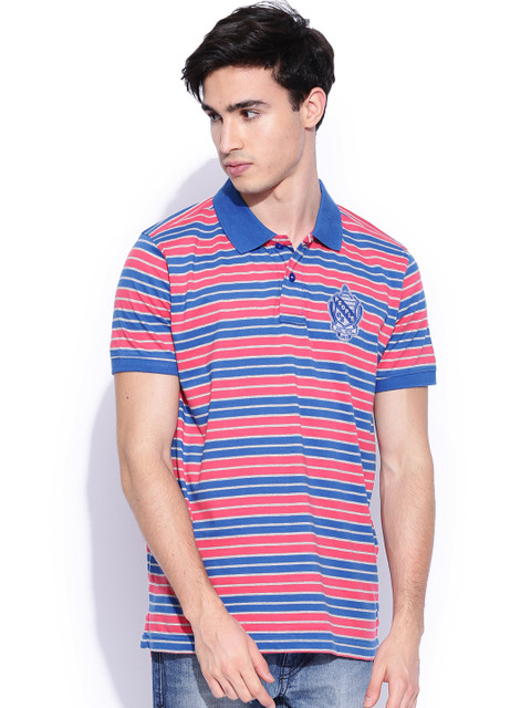 

People Men Blue & Red Striped Polo T-shirt