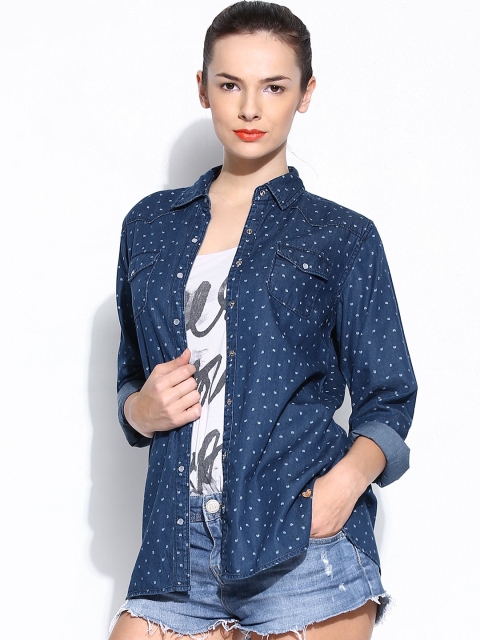

Pepe Jeans Women Blue Printed Denim Casual Shirt