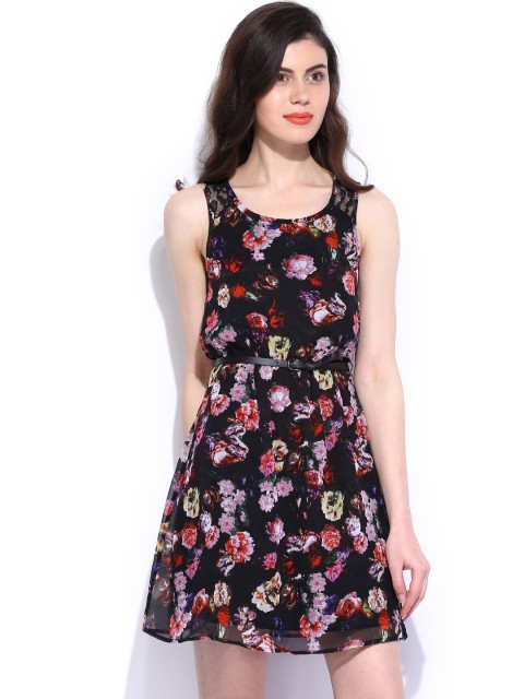 

ONLY Black Polyester Floral Print Fit & Flare Dress