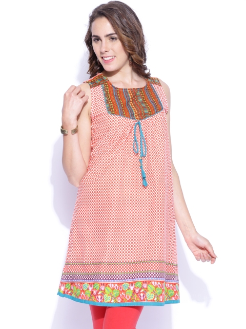 

Vishudh Women Orange & Off-White Checked Kurta