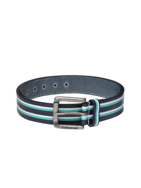 

Flying Machine Men Navy Striped Leather Belt, Navy blue