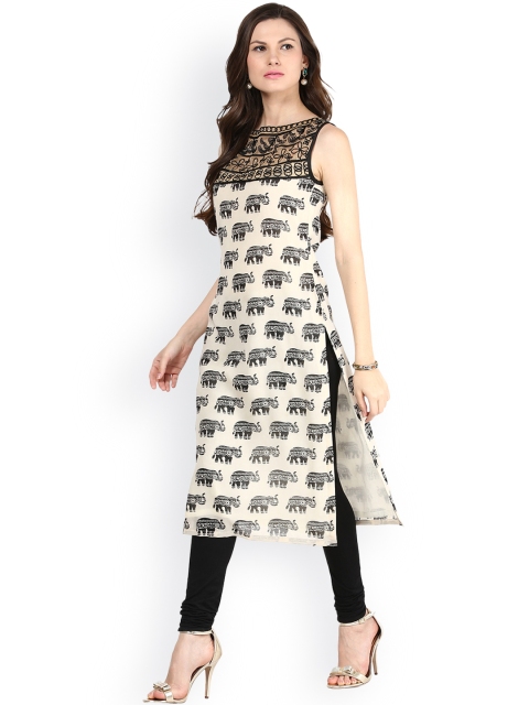

Shakumbhari Women Cream-Coloured & Black Printed Kurta