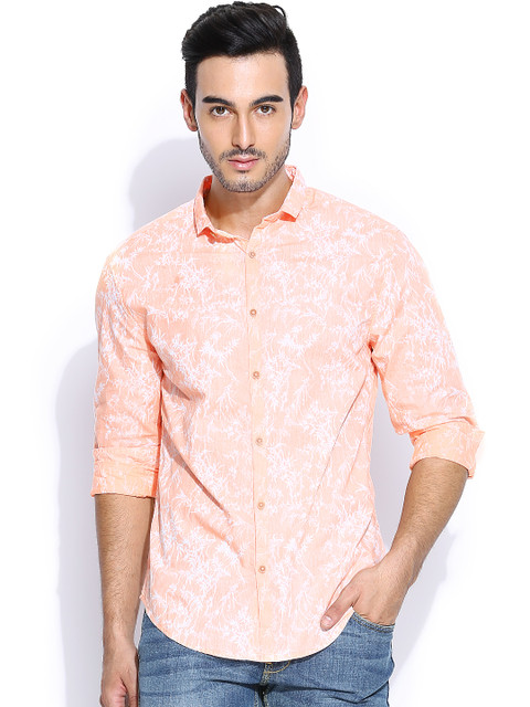 

Jack & Jones Peach-Coloured & White Printed Slim Fit Casual Shirt