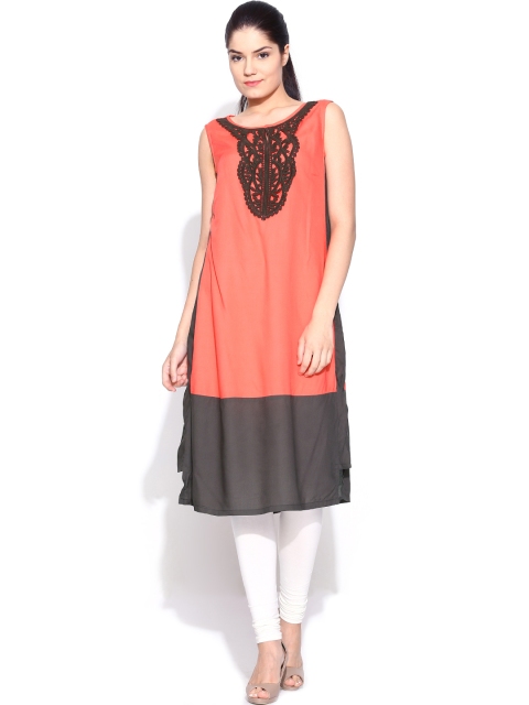 

W Women Coral Orange & Dark Grey Kurta