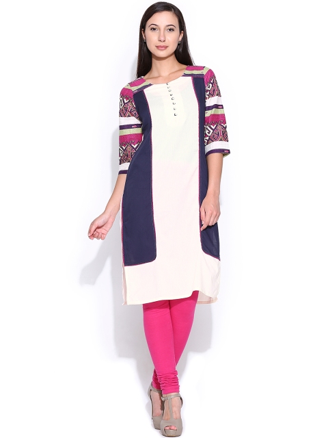 

W Women Beige & Navy Kurta, Off white