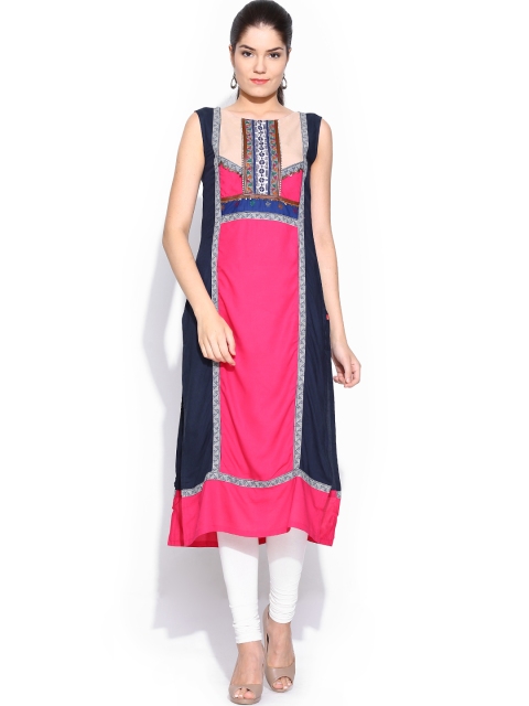 

W Women Navy & Pink Printed Kurta, Navy blue