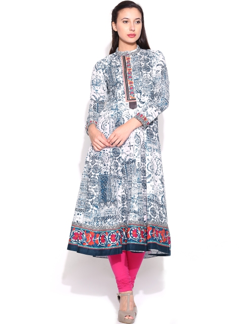 

W Women White & Blue Printed Anarkali Kurta