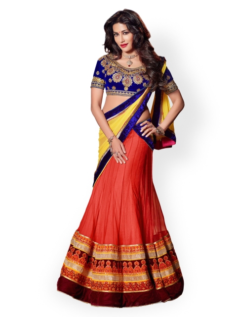 

Touch Trends Orange & Blue Net Semi-Stitched Lehenga Choli Material with Dupatta