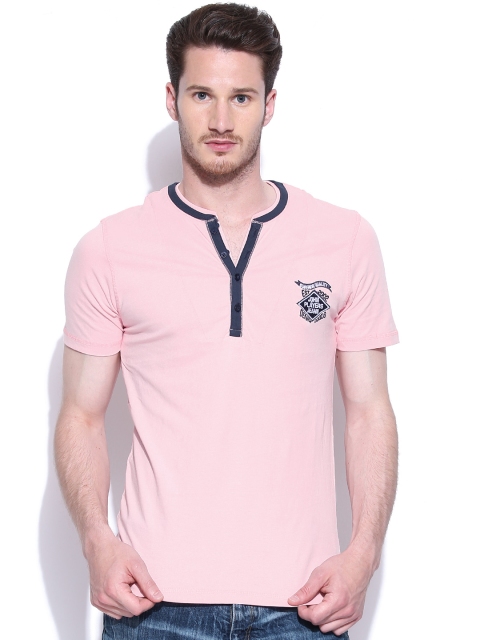 

John Players Pink Layered Henley Pure Cotton T-shirt