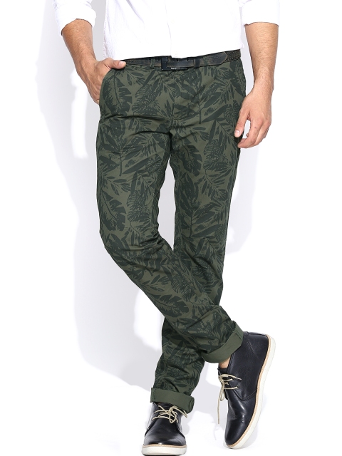 

Blackberrys Olive Green Printed Cotton Casual Trousers