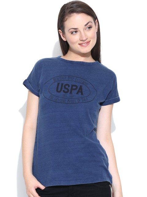 

U.S. Polo Assn. Women Blue Printed Pure Cotton T-shirt