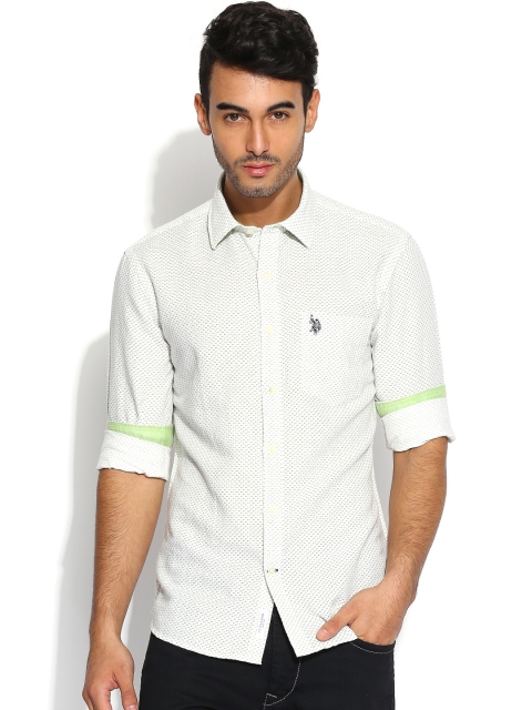 

U.S. Polo Assn. Off-White & Olive Green Tailored Fit Printed Linen Shirt