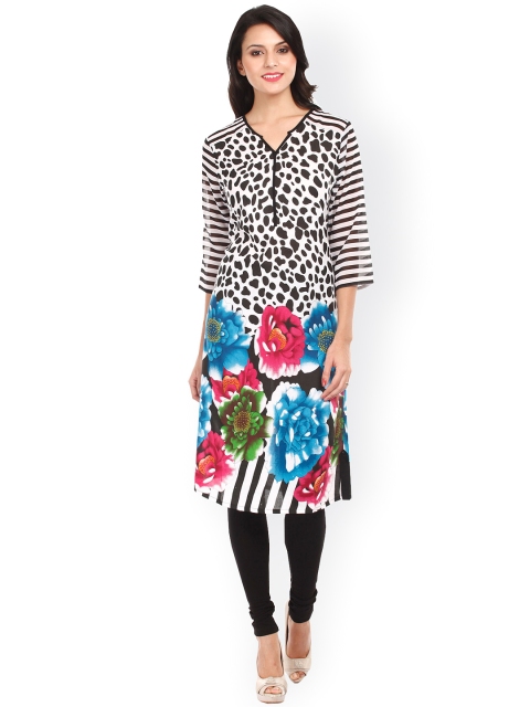

Mustard Women Black & White Printed Straight Kurta