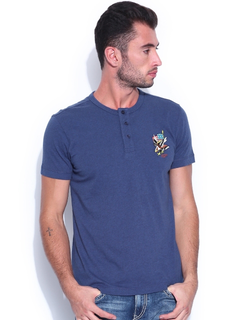 

Ed Hardy Men Blue Solid Henley Neck T-shirt