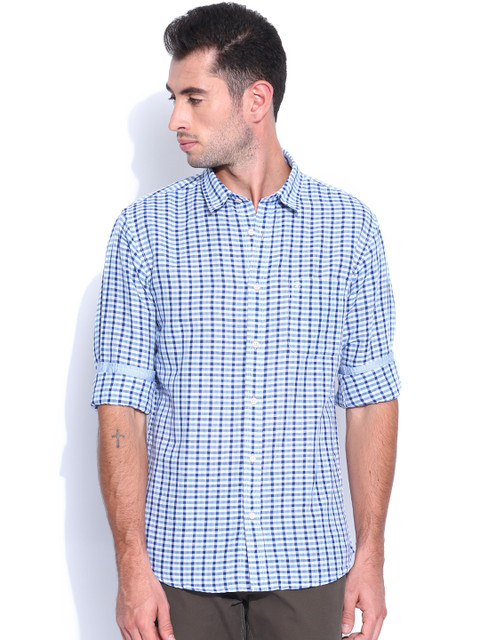 

IZOD Off-White & Blue Checked Slim Fit Linen Casual Shirt