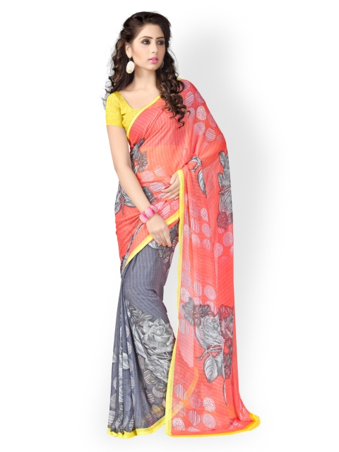 

Vaamsi Coral Pink & Grey Chiffon & Georgette Printed Saree